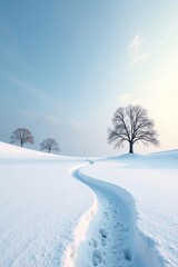 Obraz premium White snow-covered landscape with a few bare trees in the distance, serene, distant