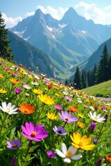Obraz premium Wildflowers of every color bloom profusely in a sunny mountain meadow during summer, mountain, valley, nature