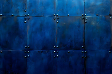 Dark Blue Painted Metal Wall with Rivets Forms a Textured Industrial Background.