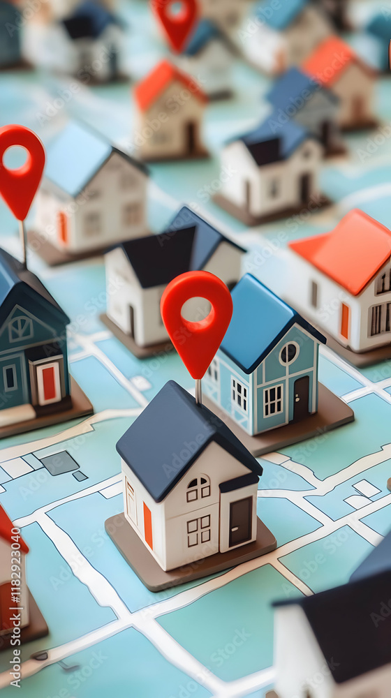 Poster 3D Render of Miniature Houses with Location Pins on a Map Shows Navigation to Addresses