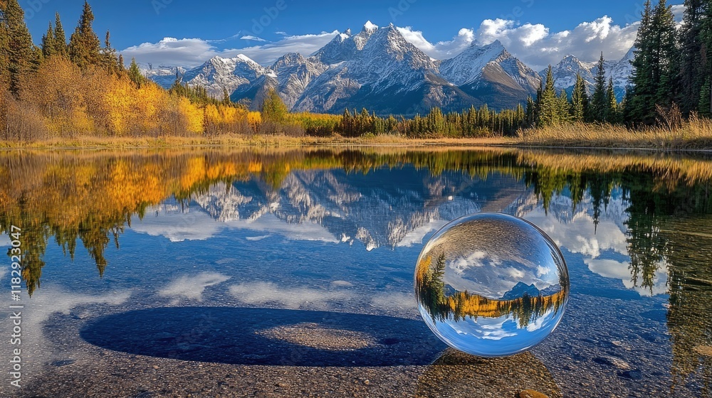 Aufkleber a crystal ball resting on a surface, reflecting the clear, majestic mountain range and tranquil natu
