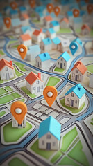 3D Map Shows Location Pins Marking Houses in a Residential Area with Roads and Green Spaces.