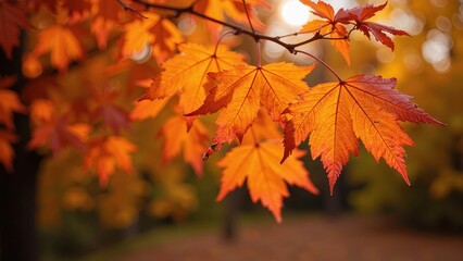 Fototapeta premium Vibrant orange maple leaves glisten in the warm sunlight, delicate branches and tender foliage on full display