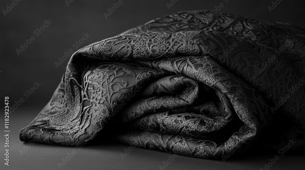 Aufkleber A dark, textured fabric with intricate patterns, creating a sense of depth and sophistication in a minimalist, monochrome setting.