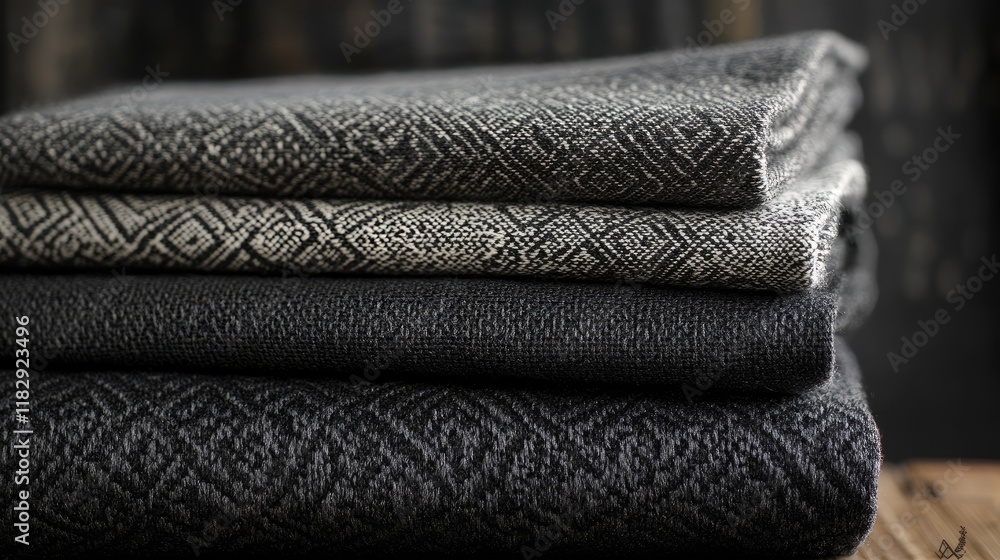 Aufkleber A dark, textured fabric with intricate patterns, creating a sense of depth and sophistication in a minimalist, monochrome setting.
