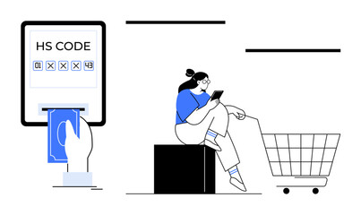 Hand holding card inserting into device with HS Code, woman seated on block checks phone near shopping cart. Ideal for e-commerce, digital payments, online shopping, supply chain, logistics