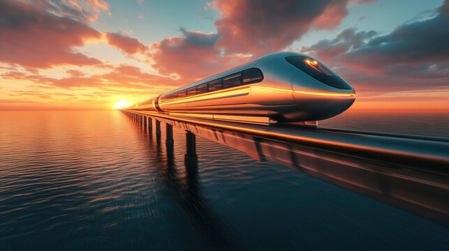 A cutting-edge hyperloop train speeding along a track over the ocean at sunset, with the sun casting a warm glow across the futuristic scene.