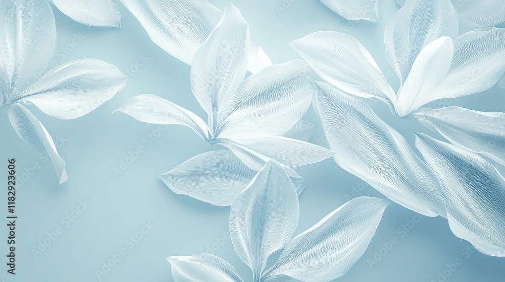 Poster A delicate abstract pattern of metallic and white petals blending into a serene light blue background, offering a clean and sophisticated design.