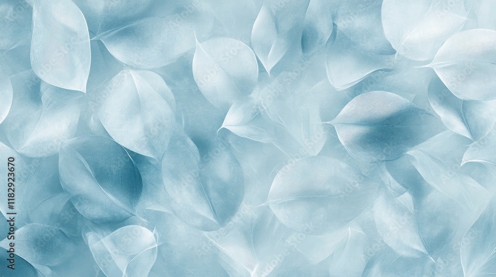 Poster a delicate abstract pattern of metallic and white petals blending into a serene light blue backgroun