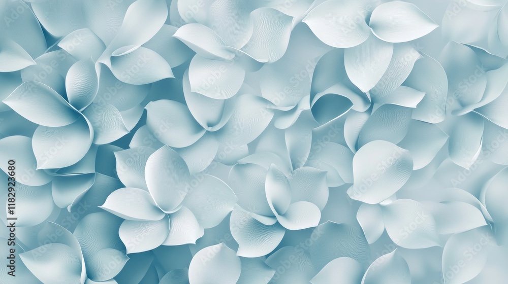 Poster a delicate abstract pattern of metallic and white petals blending into a serene light blue backgroun