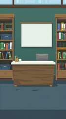 Empty office room interior with desk, bookshelves, whiteboard.