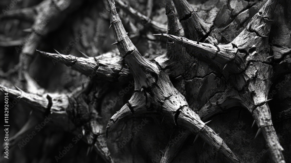 Fototapete A detailed monochrome image of sharp thorns, capturing the contrast between light and shadow to emphasize the harsh textures of nature.
