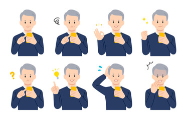 スマホを見ながらいろいろな表情･ポーズをするシニア男性･高齢者のセット【人物ベクターイラスト素材】
