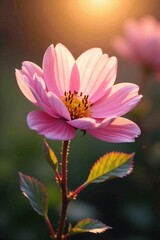 Obraz premium Delicate flower with soft pink petals unfolding in morning light, blossom, wildflower, autumn leaves