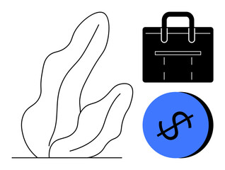 Black briefcase, blue dollar coin, abstract plant. Ideal for finance, investment, business growth, economic concepts, entrepreneurship, wealth management abstract line flat metaphor