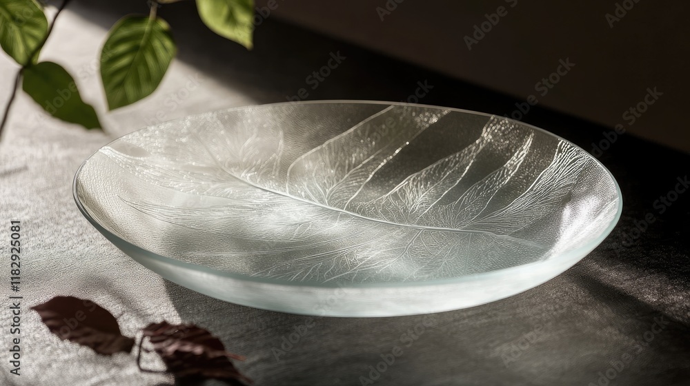 Poster a frosted glass platter with an intricate leaf pattern and oval design, exuding elegance and sophist