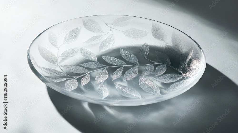 Poster a frosted glass platter with an intricate leaf pattern and oval design, exuding elegance and sophist
