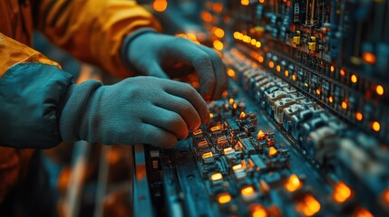 Electrician Engineer Testing Electrical Equipment with Multimeter in Control Cabinet
