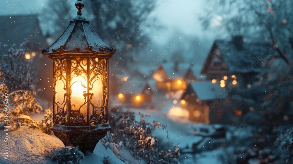 Poster A glowing winter lantern with intricate details, illuminating a snowy village and adding warmth to the chilly, peaceful scene.
