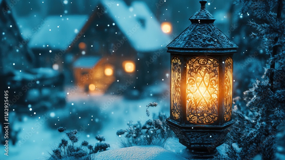 Poster A glowing winter lantern with intricate details, illuminating a snowy village and adding warmth to the chilly, peaceful scene.