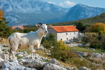 Obraz premium A goat standing on a rocky hillside with a picturesque farmhouse in the background,