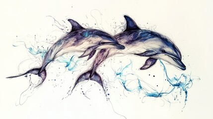 Two dolphins leaping, stylized ink drawing.