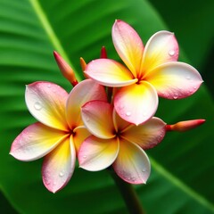 Obraz premium Frangipani flowers against a bright green leaf background with water drops, , background