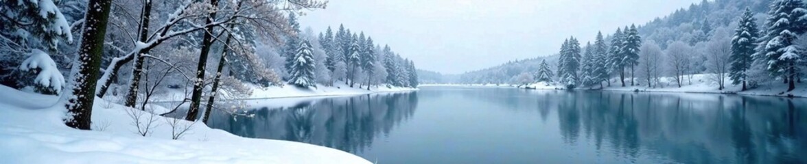 Forest landscape with a frozen lake and snow-covered trees, snowy trees, frosty