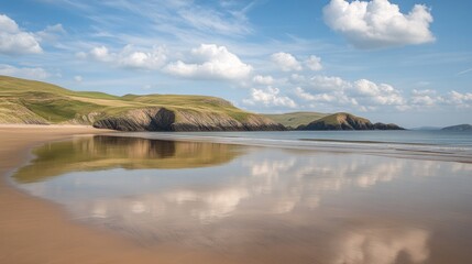 Fototapeta premium Serene beach reflecting sky and hills.