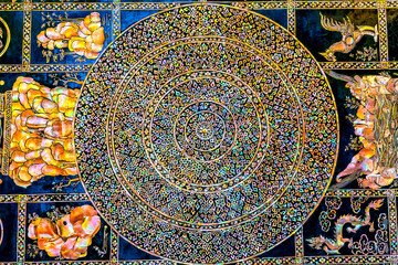 Colorful Reclining Buddha mother of pearl feet, Wat Pho Temple, Bangkok, Thailand. Temple built in 1600's. Reclining Buddha built in 1832.