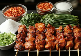 Flavorful Grilled Kabobs Ready for Cooking with Fresh Ingredients, Spices, and Seasonings Laid Out for a Tantalizing Meal