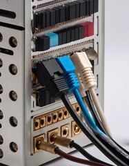 Close-up of computer cables plugged into a device.  Various colors and connectors visible.