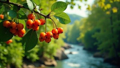 Golden berries hang from branches near forest river, river, green, foliage