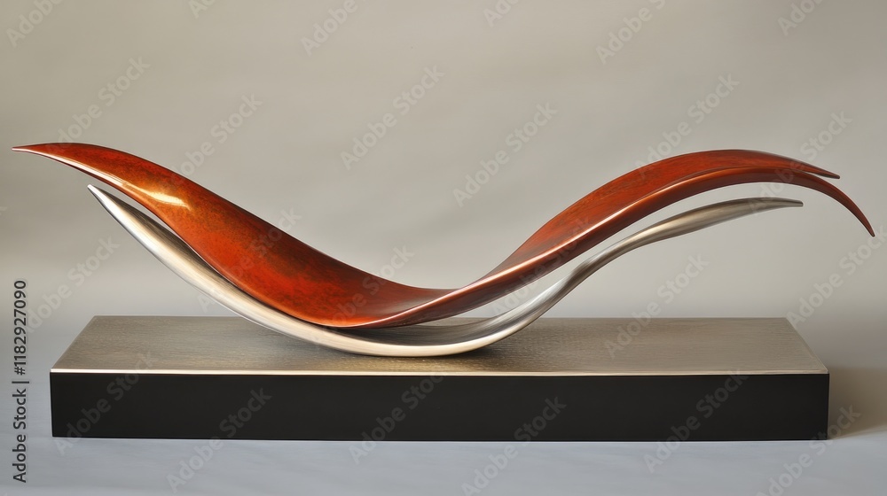 Aufkleber A minimalist abstract metal sculpture with smooth, flowing curves in rust tones, emphasizing elegant simplicity and modern design.
