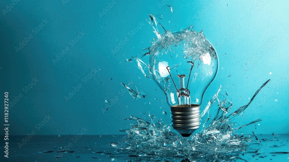 Poster a minimalist blue background with a broken light bulb, symbolizing creativity, change, and the fragi