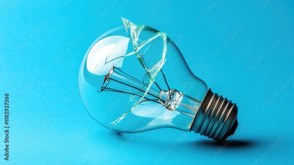 Poster a minimalist blue background with a broken light bulb, symbolizing creativity, change, and the fragi