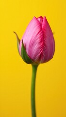 intricate details of pink flower petals unfolding from a compact bud on a yellow background, flower, bloom, flowers