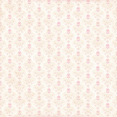 Cream background with vertical pink floral damask stripes. Ideal for shabby chic wallpaper, kids’ rooms, textiles, and soft decorative themes.