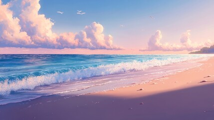 Serene sunset beach scene with soft waves and pink sand.