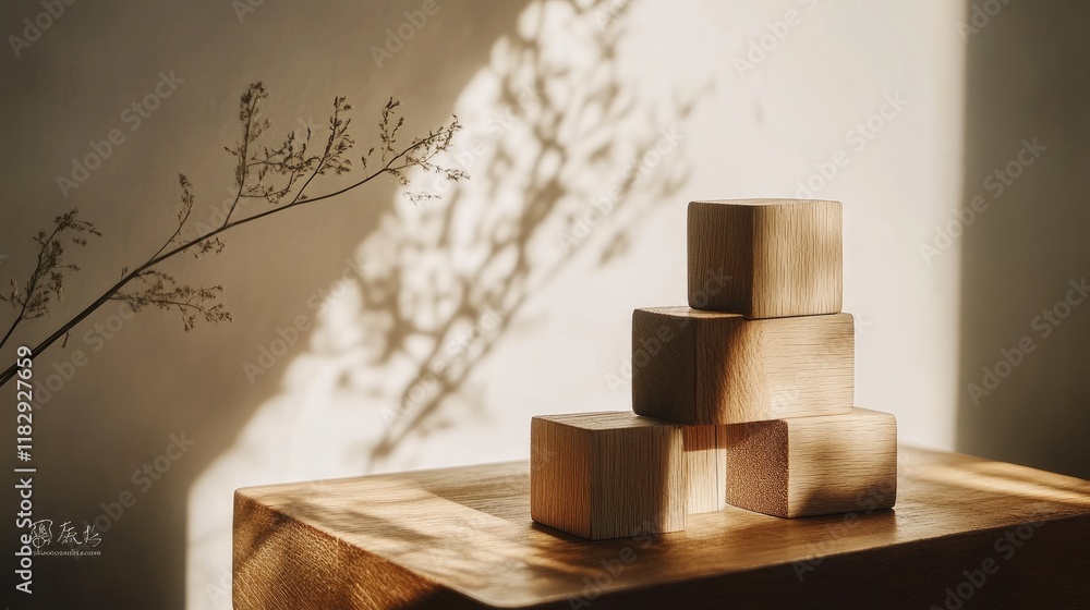 Poster a minimalist scene of rustic wooden blocks stacked on a table, bathed in warm sunlight, evoking a se