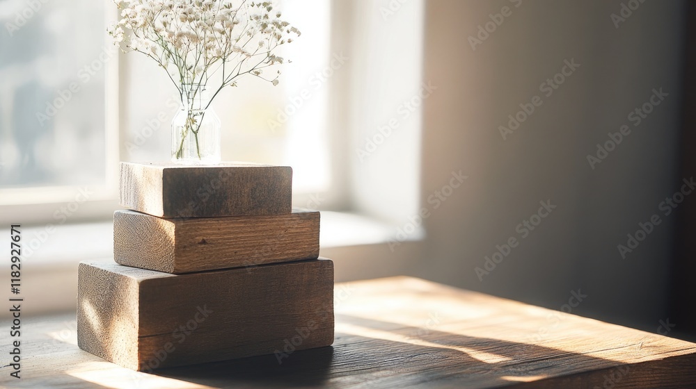 Poster a minimalist scene of rustic wooden blocks stacked on a table, bathed in warm sunlight, evoking a se