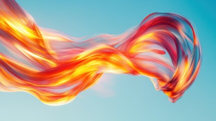 Abstract fiery orange and yellow flowing fabric against a light blue background.