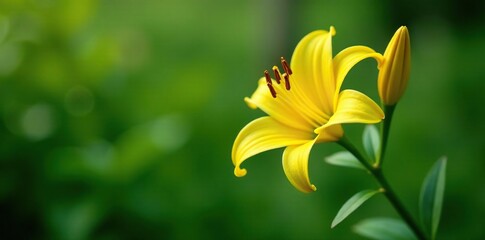 Mature yellow lily bloom on thick green stem with prominent leaves and lush foliage, yellow, vegetation