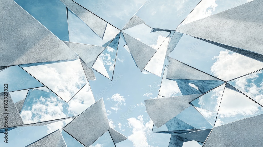 Poster A minimalist shot of cracked mirror shards reflecting the sky against a clean white surface, creating a striking balance between chaos and calm.