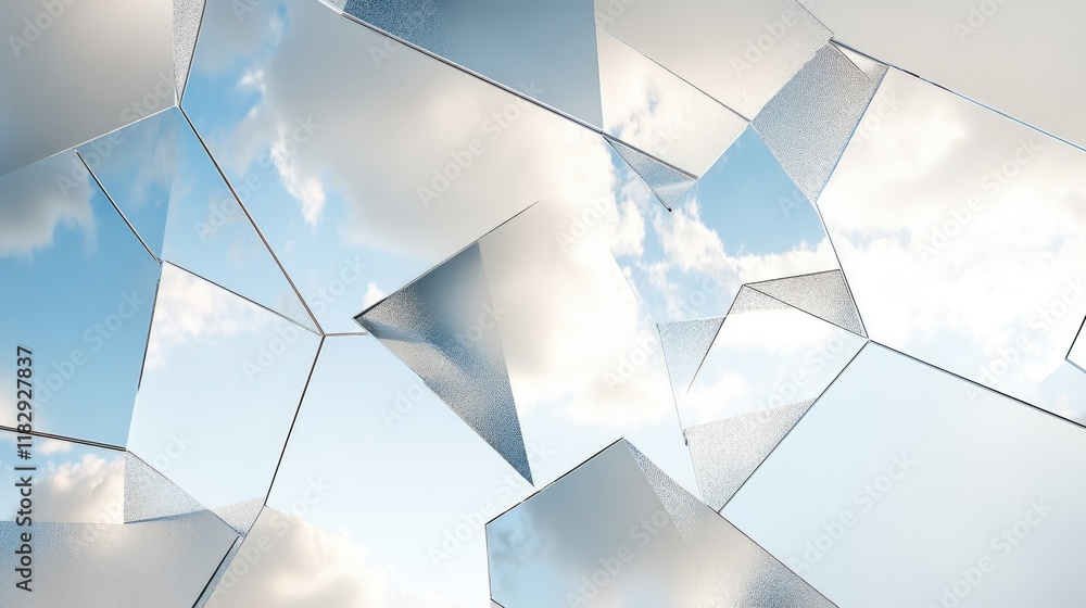 Poster A minimalist shot of cracked mirror shards reflecting the sky against a clean white surface, creating a striking balance between chaos and calm.