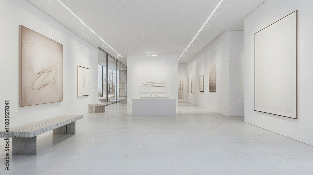 Poster a minimalist white art gallery featuring modern decor and elegant art displays, creating a clean and