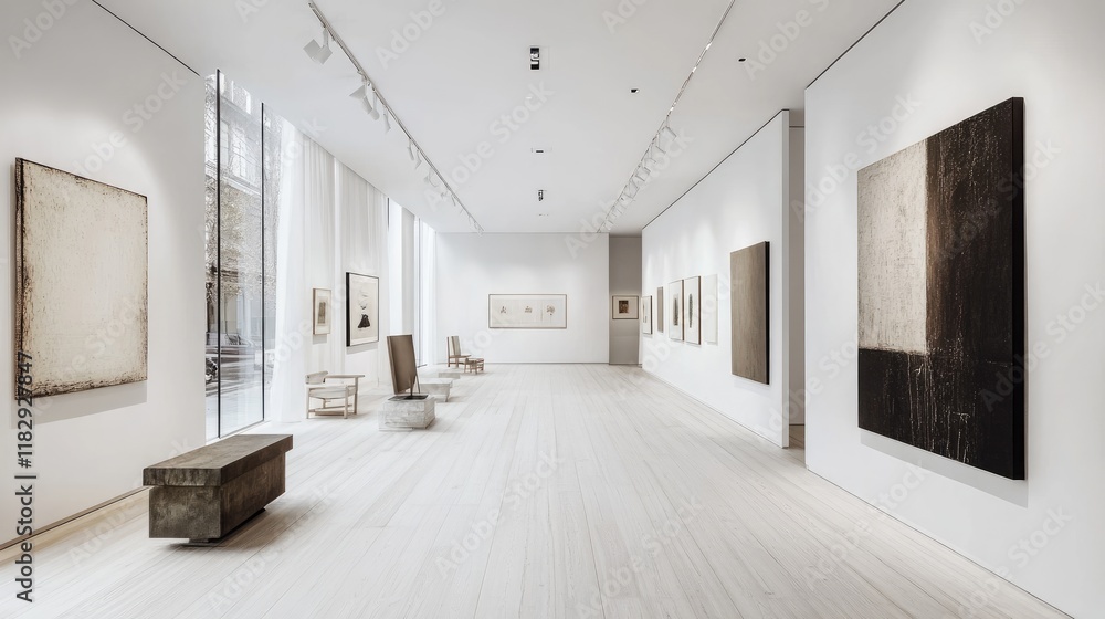 Poster a minimalist white art gallery featuring modern decor and elegant art displays, creating a clean and