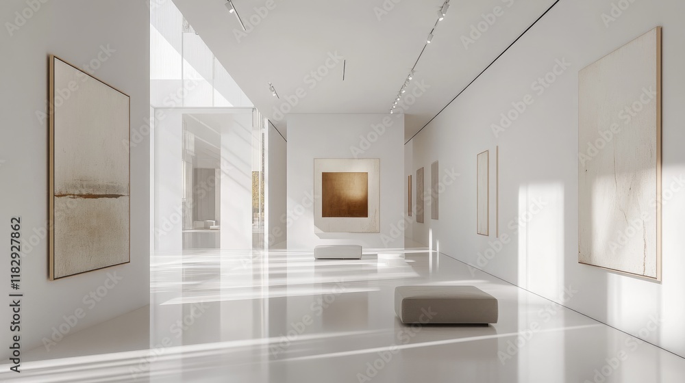 Poster a minimalist white art gallery featuring modern decor and elegant art displays, creating a clean and