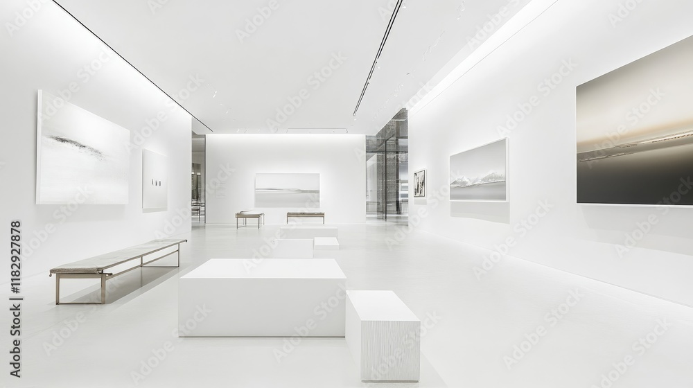 Poster a minimalist white art gallery featuring modern decor and elegant art displays, creating a clean and