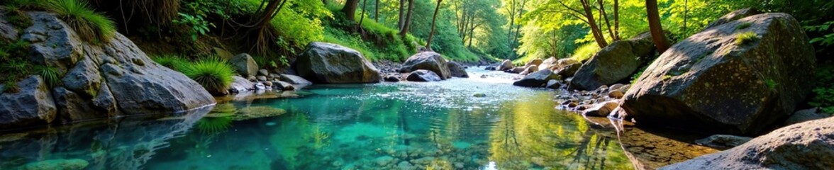 Mountain creek with a crystal clear water source, spring, forest